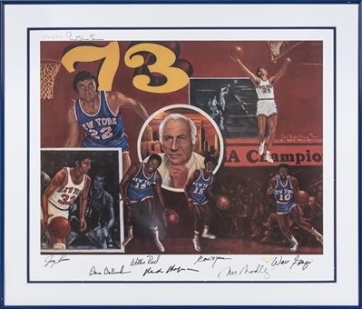 1973 New York Knicks Team Signed Litho In 33x28 Framed Display With 7 Signatures - LE 1947/1973 (Beckett)
